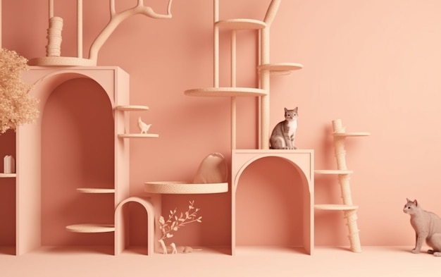 Une chambre rose avec un chat sur une étagère