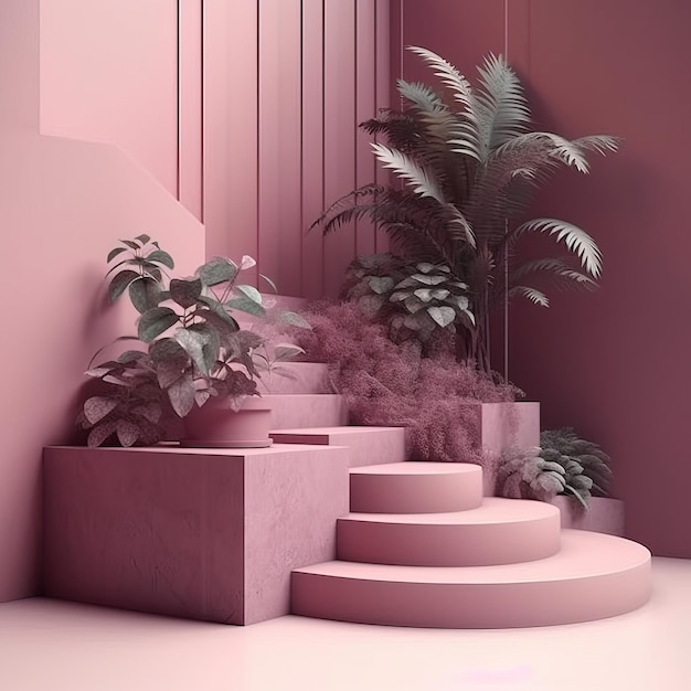 Une chambre rose avec un escalier et des plantes