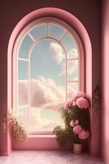 Chambre rose avec fenêtre en arc avec le ciel dans la pièce fleurs et nuages
