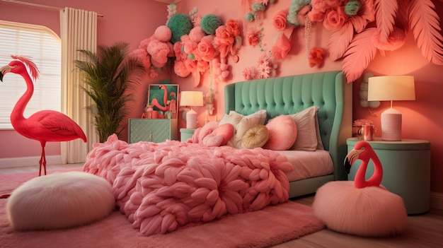 Chambre rose avec un flamant rose