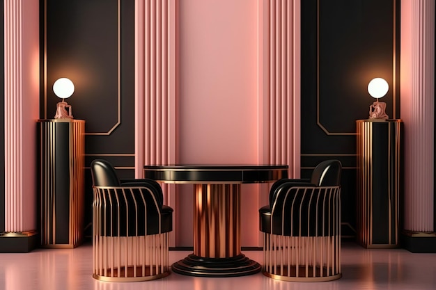 Chambre rose luxueuse avec des meubles noirs et dorés Generative AI