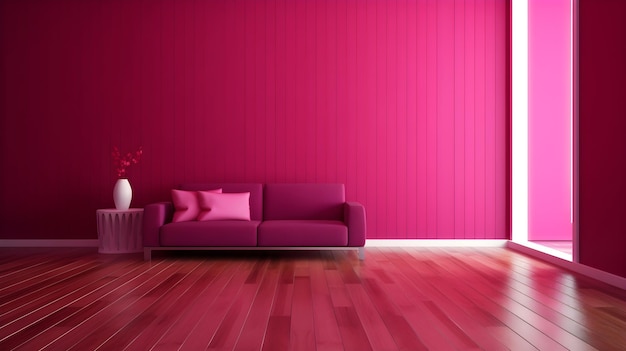 chambre rose minimaliste avec canapé et lampe