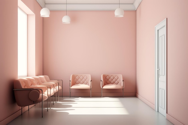 Une chambre rose avec un mur rose et une rangée de chaises.