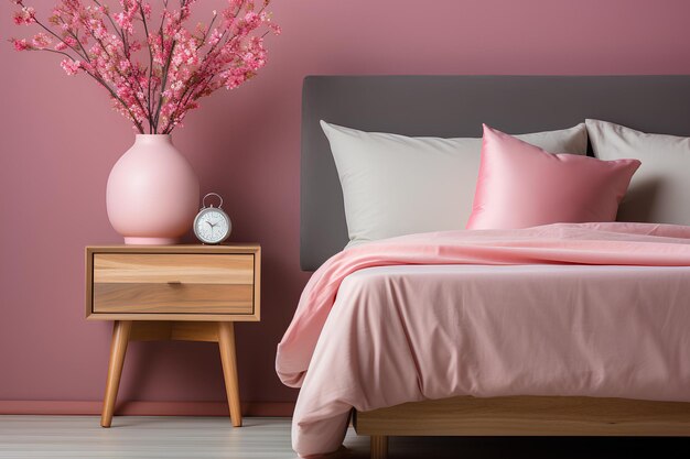 Chambre rose avec mur rose et table de chevet rose en rendu 3D