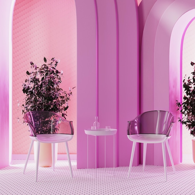 Chambre rose avec néon lighh et arches avec plante en pot chaises design avec table basse avec verres avec eau rendu 3d
