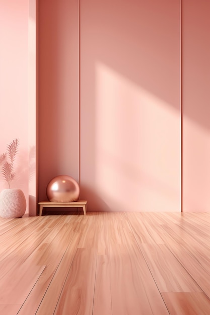 Chambre rose avec une plante sur une table et un vase avec une plante sur la table.