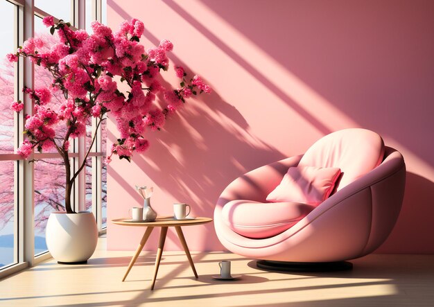 Chambre rose avec plantes à fleurs et chaise dans la chambre