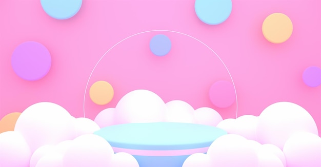 Chambre rose en rendu 3d avec des cercles colorés de podium et des nuages blancs