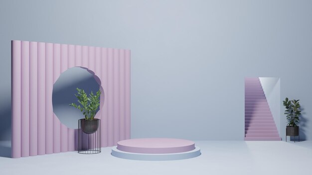 Une chambre rose et violette avec un miroir et une plante au mur.