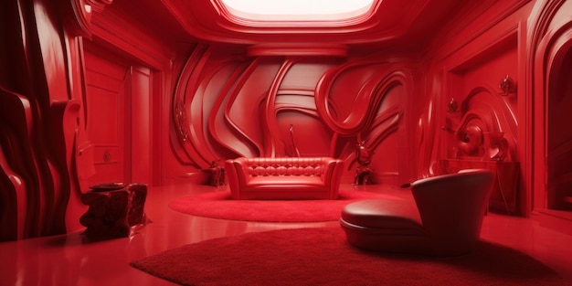 Une chambre rouge avec un canapé et un canapé au milieu.