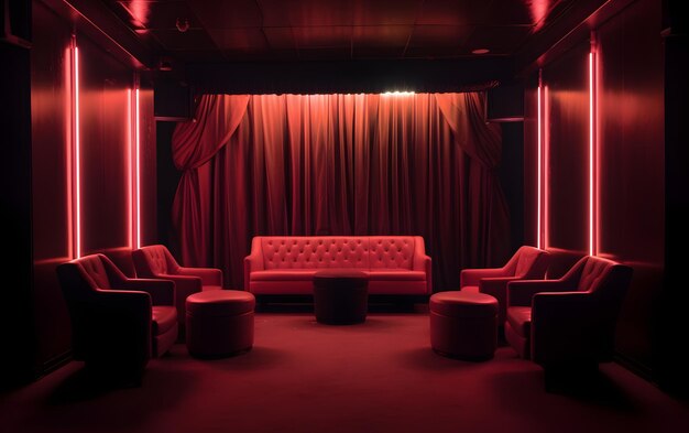 Une chambre rouge avec un canapé et des lumières rouges qui disent 'club'