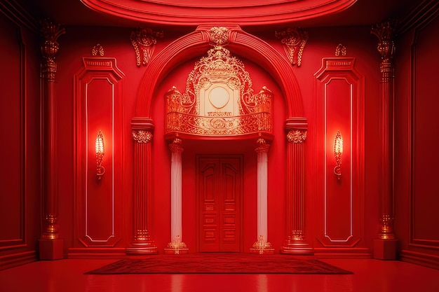 Une chambre rouge avec une porte et un cadre doré.