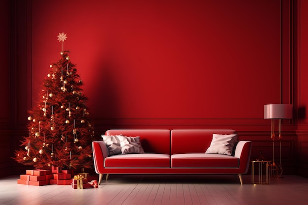 Une chambre rouge avec un sapin de Noël et un canapé rouge.