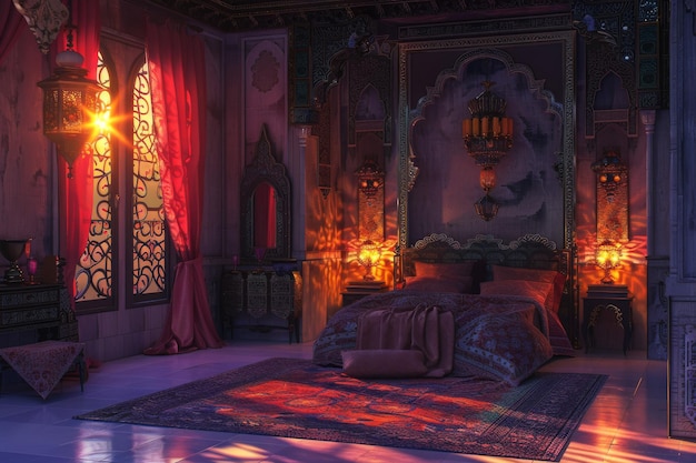 La chambre royale luxueuse du sultan la nuit la chambre riche du Moyen-Orient l'intérieur de la chambre luxueuse de l'hôtel arabe oriental