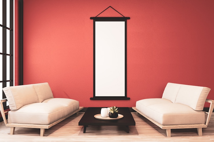 Photo chambre ryokan japonaise avec fauteuil en bois et table basse rendu 3d