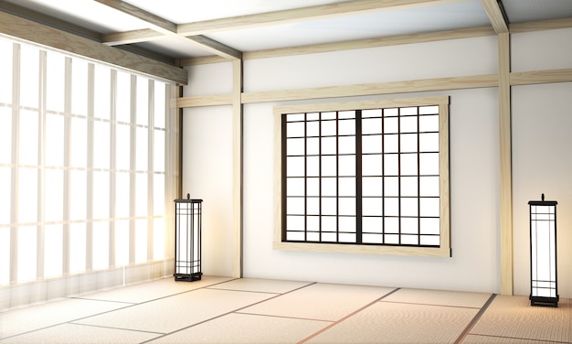 Chambre Ryokan vide de style très japonais avec un sol en tatami. Rendu 3D