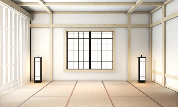 Chambre Ryokan vide de style très japonais avec un sol en tatami. Rendu 3D