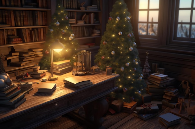 Une chambre avec un sapin de noël et un livre sur la table