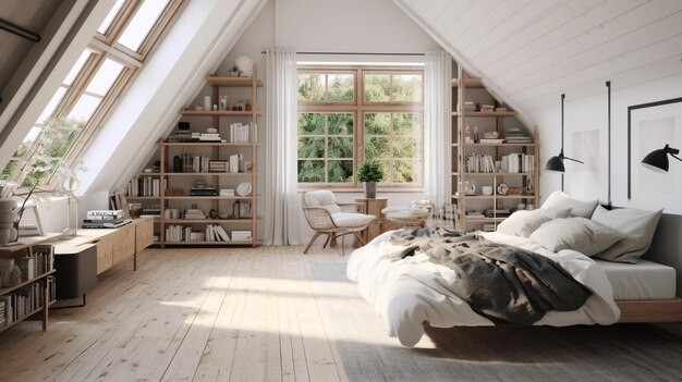 Une chambre scandinave aérée avec de grandes fenêtres permettant à la lumière naturelle d'éclairer l'espace