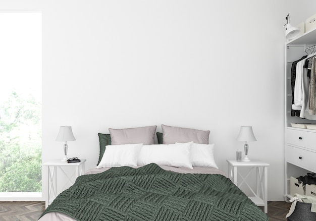 Chambre scandinave avec mur blanc