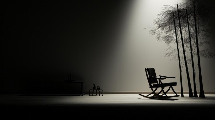 Photo chambre de séjour minimaliste de fantaisie sombre avec chaise à bascule