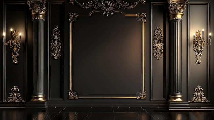 Photo une chambre sombre élégante avec des décorations dorées ornées et des sconces sur les murs éclairés