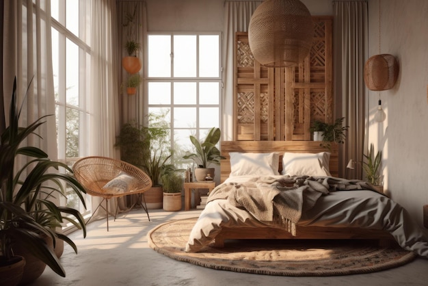 Chambre spacieuse et confortable dans des couleurs douces claires avec des meubles en bois clair, des plantes vivantes et un style oriental