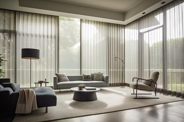 Chambre avec stores et rideaux automatisés pour un look moderne et élégant créé avec une IA générative