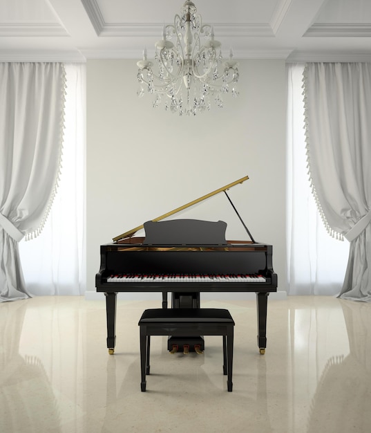 Chambre de style classique avec piano et lustre rendu 3D