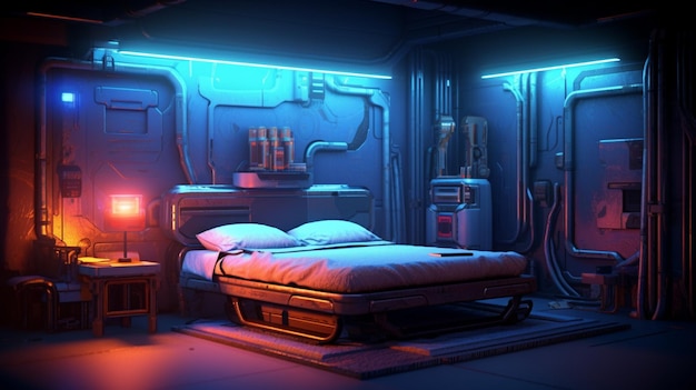 Chambre de style cyberpunk futuriste scifi réaliste avec beaucoup d'appareils électriques