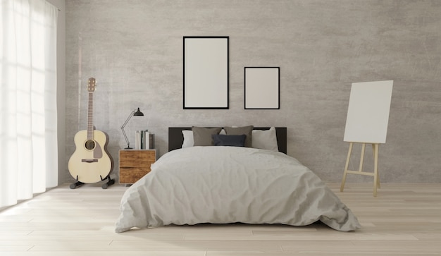 Chambre style loft avec béton, parquet, grande fenêtre, guitare