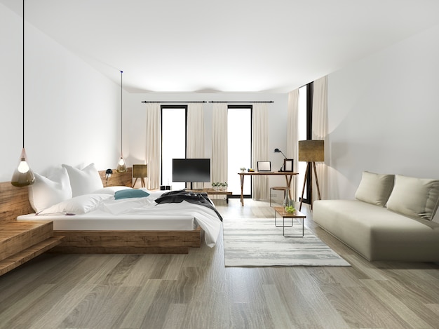 Chambre de style minimal en bois rendu 3D avec vue de la fenêtre