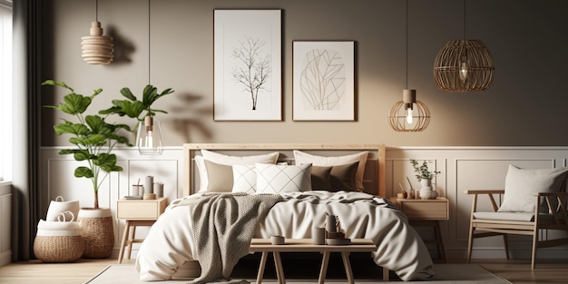 Chambre de style scandinave avec des meubles en bois naturel