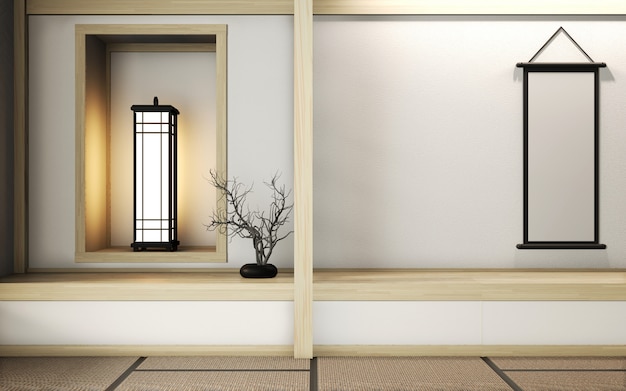 Chambre de style très zen avec une décoration de style japonais sur tatami. Rendu 3D