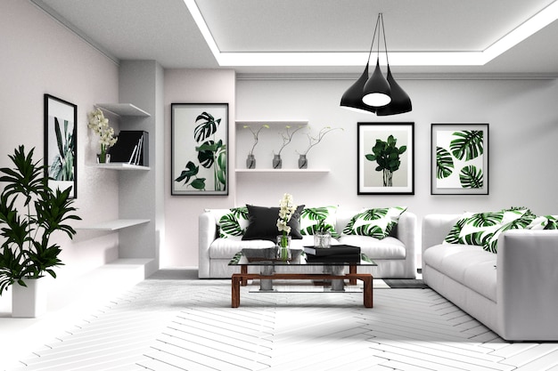 Chambre style tropical moderne avec composition - design minimaliste. Rendu 3D