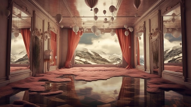 Photo une chambre avec un tapis rose et des rideaux roses generative ai art