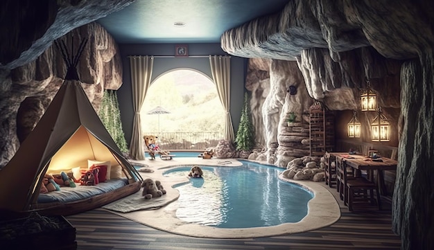 Une chambre avec une tente et une piscine à l'intérieur