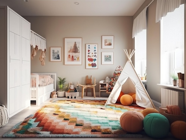 Une chambre avec un tipi dans le coin de la pièce.