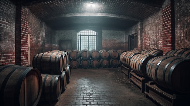 Une chambre avec des tonneaux de vin au sous-sol de la vieille ville de veliko tarnovo.