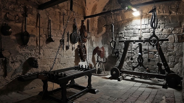 Photo chambre de torture avec une vierge de fer et d'autres appareils horribles chaînes thriller d'horreur lieu sombre fantômes paranormal médiéval gothique ruines humidité mysticisme peur génératif par ai