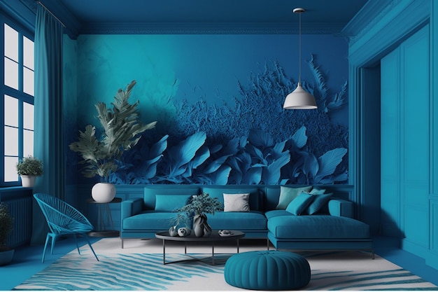 Une chambre tranquille avec des meubles Pantone bleus et une décoration apaisante