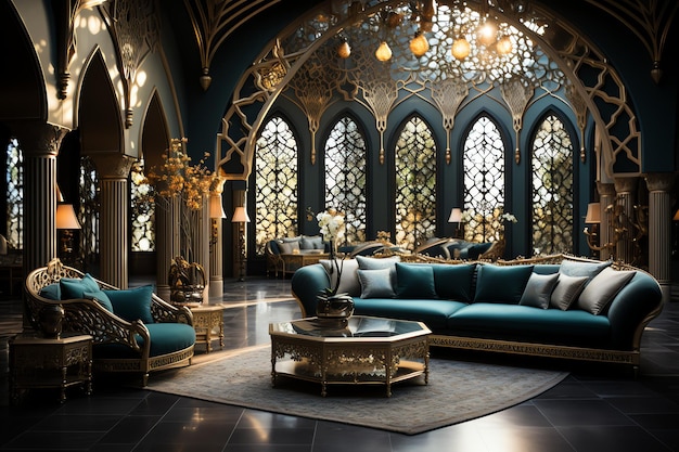 Chambre très luxueuse et grande avec des murs décorés de mosaïque marocaine Chambre en islamique traditionnel