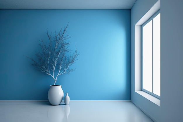 Chambre avec vase mural bleu avec branche et fenêtre dans un fond intérieur vide