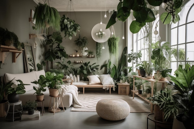 Une chambre avec une végétation luxuriante et des plantes ajoutant une touche de nature à l'intérieur