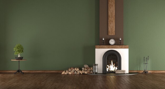 Chambre verte avec cheminée