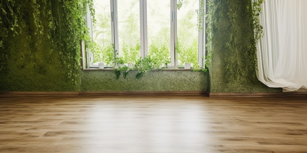 Une chambre verte avec une fenêtre et un plancher en bois et des plantes vertes au mur.