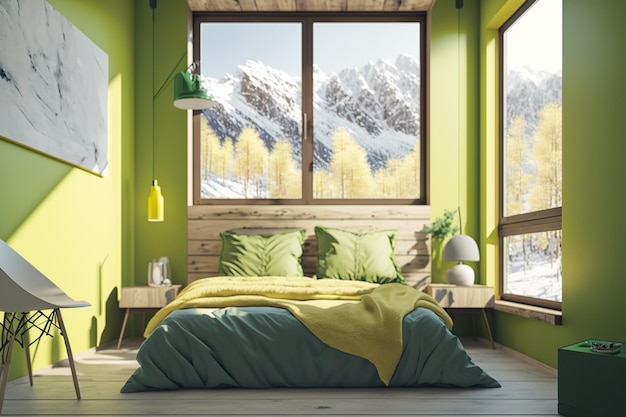 Une chambre verte avec une fenêtre qui dit "vue sur la montagne"