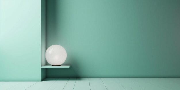 Une chambre verte avec une lumière ronde blanche sur une étagère.