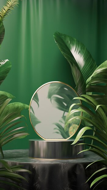 Une chambre verte avec une plante et un miroir.