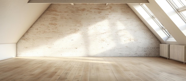 Photo une chambre vide au grenier avec des murs blancs et un sol en bois.